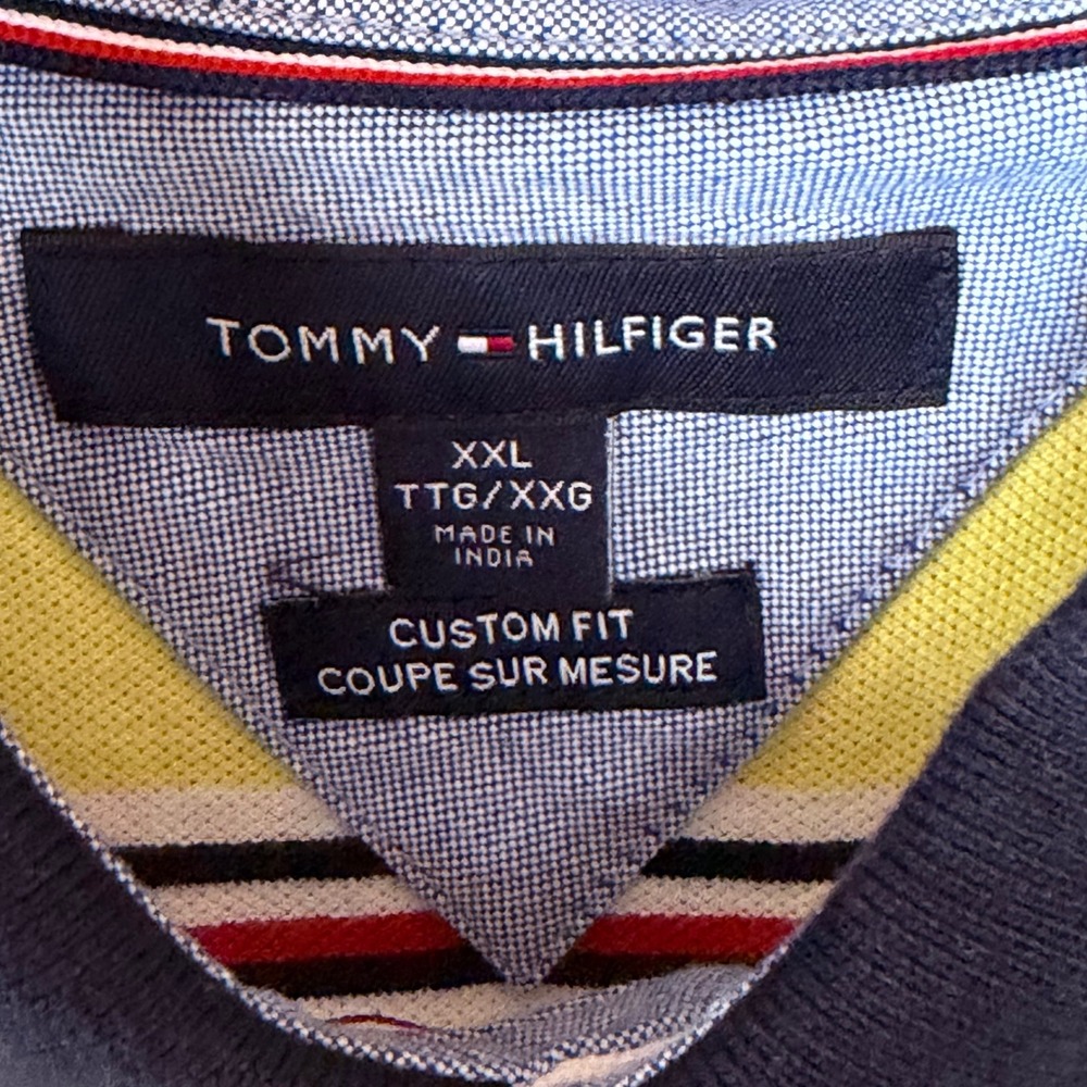 Tommy Hilfiger Mens XXL Custom Fit Striped Polo Shirt Yellow White Navy Cotton - Picture 3 of 6